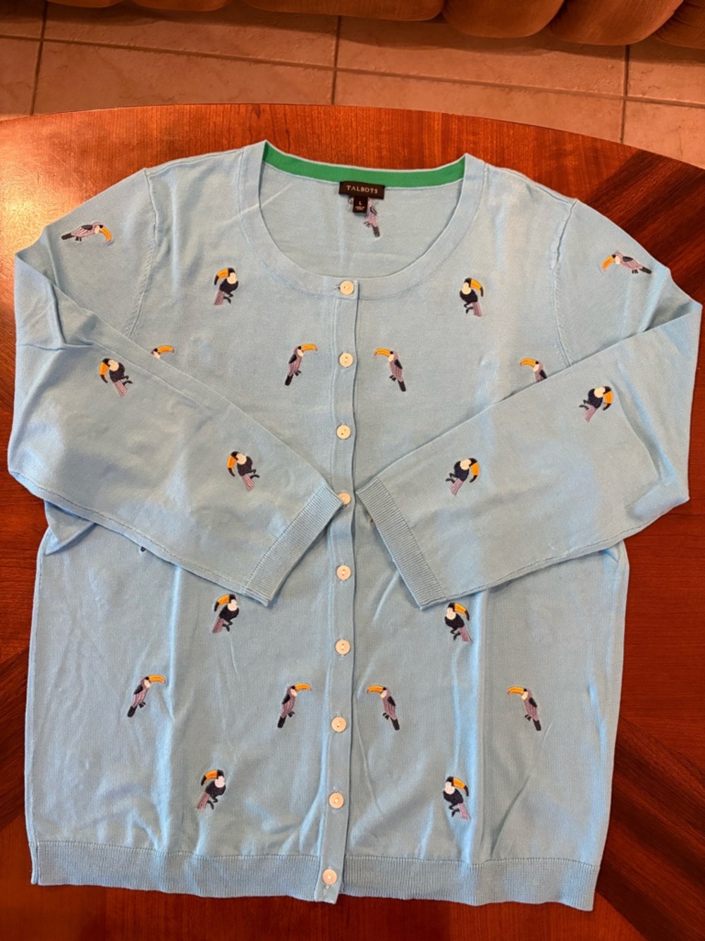 Talbots Women’s 3/4-Sleeve Aqua Toucan Button Cardigan